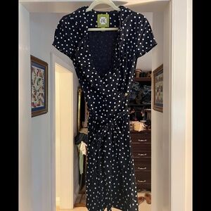Elizabeth McKay Navy and White Polka Dot Wrap Dress Size 6